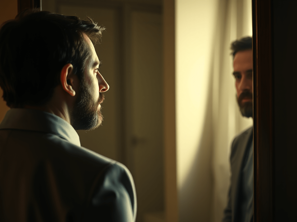 MIT neuroscientist Ed Boyden staring at himself in a full-length&nbsp;mirror.