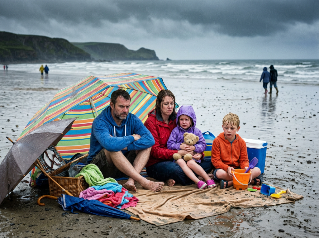 Family of four sitting on a wet beach under colorful umbrellas in the rain